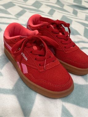 Reebok Kids Red Suede Sneakers with Pink Stripes